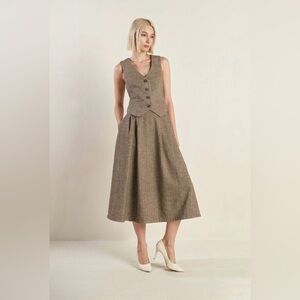 Boutique Two-Piece Woven Vest & Midi Skirt Set | Brown Tweed Look | S-M-L